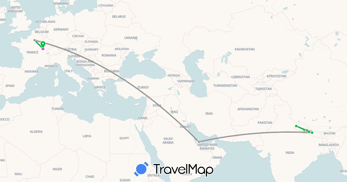 TravelMap itinerary: driving, bus, plane, train, hiking in France, Nepal, Qatar (Asia, Europe)